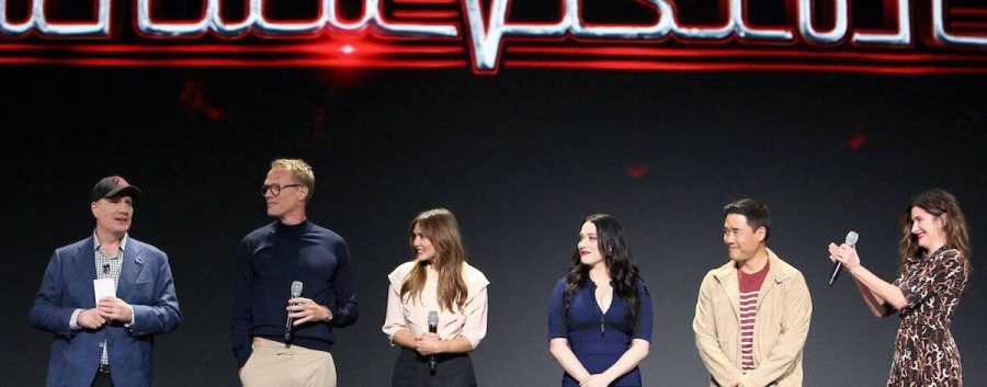 ANAHEIM, CALIFORNIA - AUGUST 23: (L-R) President of Marvel Studios Kevin Feige, Paul Bettany, Elizabeth Olsen, Kat Dennings, Randall Park, and Kathryn Hahn of 'WandaVision' took part today in the Disney+ Showcase at Disney’s D23 EXPO 2019 in Anaheim, Calif.  'WandaVision' will stream exclusively on Disney+, which launches November 12. (Photo by Jesse Grant/Getty Images for Disney)