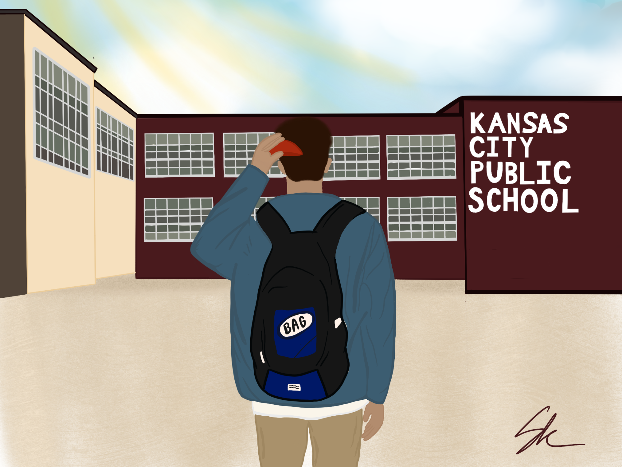 A Jewish student takes his kippah off as he walks into public school, representing his Jewish identity no longer being central. Illustration by Shefer Rudnick 
