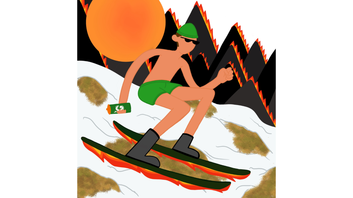 This ski season, the effects of climate change made some ski destinations look like a beach vacation instead . Climate change will affect skiing for the worse and may even lead to its extinction altogether. Illustration by Shefer Rudnick